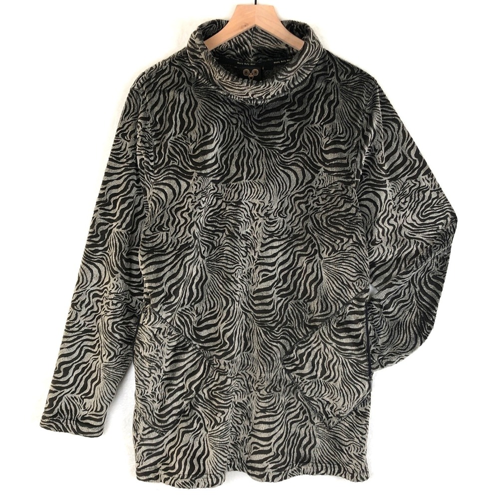 WOOLY BULLY WEAR Cowl Neck Fleece Top Women's Sz XL Black Gray Pullover Animal